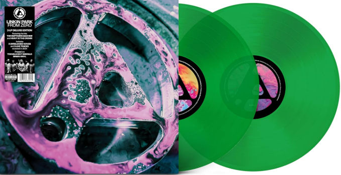Zwei grüne Vinylplatten mit einem Plattencover mit dem Albumcover von Linkin Park. Die Platten sind transparent.