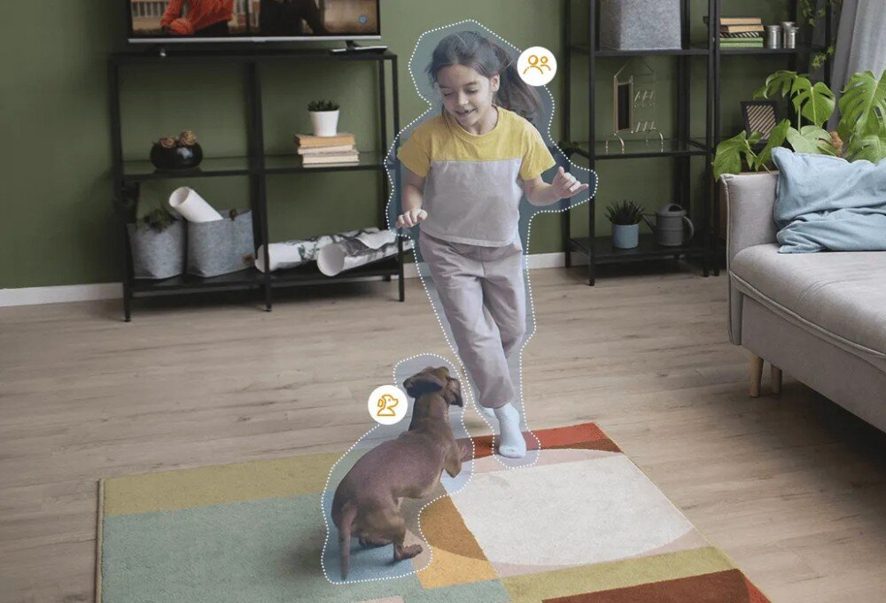 Dziewczyna i pies są na dywanie. Dziewczyna skacze. Pies patrzy na dziewczynę.