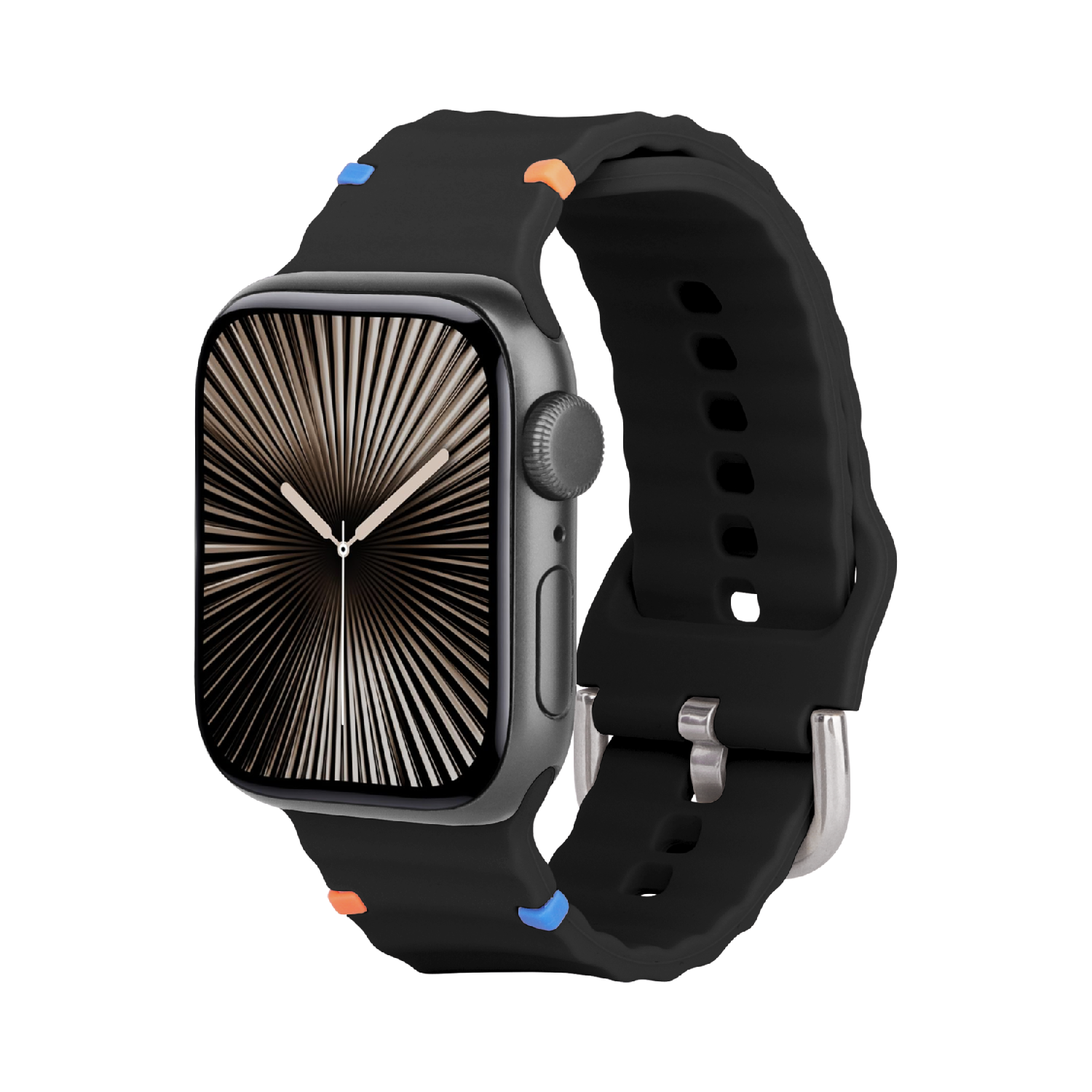Une smartwatch noire avec un boîtier argenté et un bracelet noir. Le cadran affiche un motif radial. Accents orange et bleu sur le bracelet.