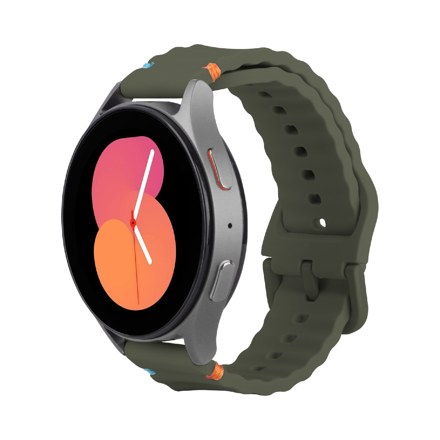 Une montre connectée argentée avec un bracelet vert. Le cadran affiche des couleurs orange et rose avec des aiguilles blanches. Fond noir.