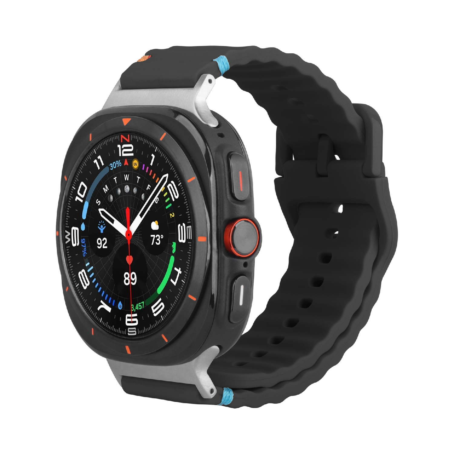Une montre connectée noire avec un bracelet noir. Le cadran affiche l'heure et les mesures de santé. Des accents orange et bleus sont visibles.