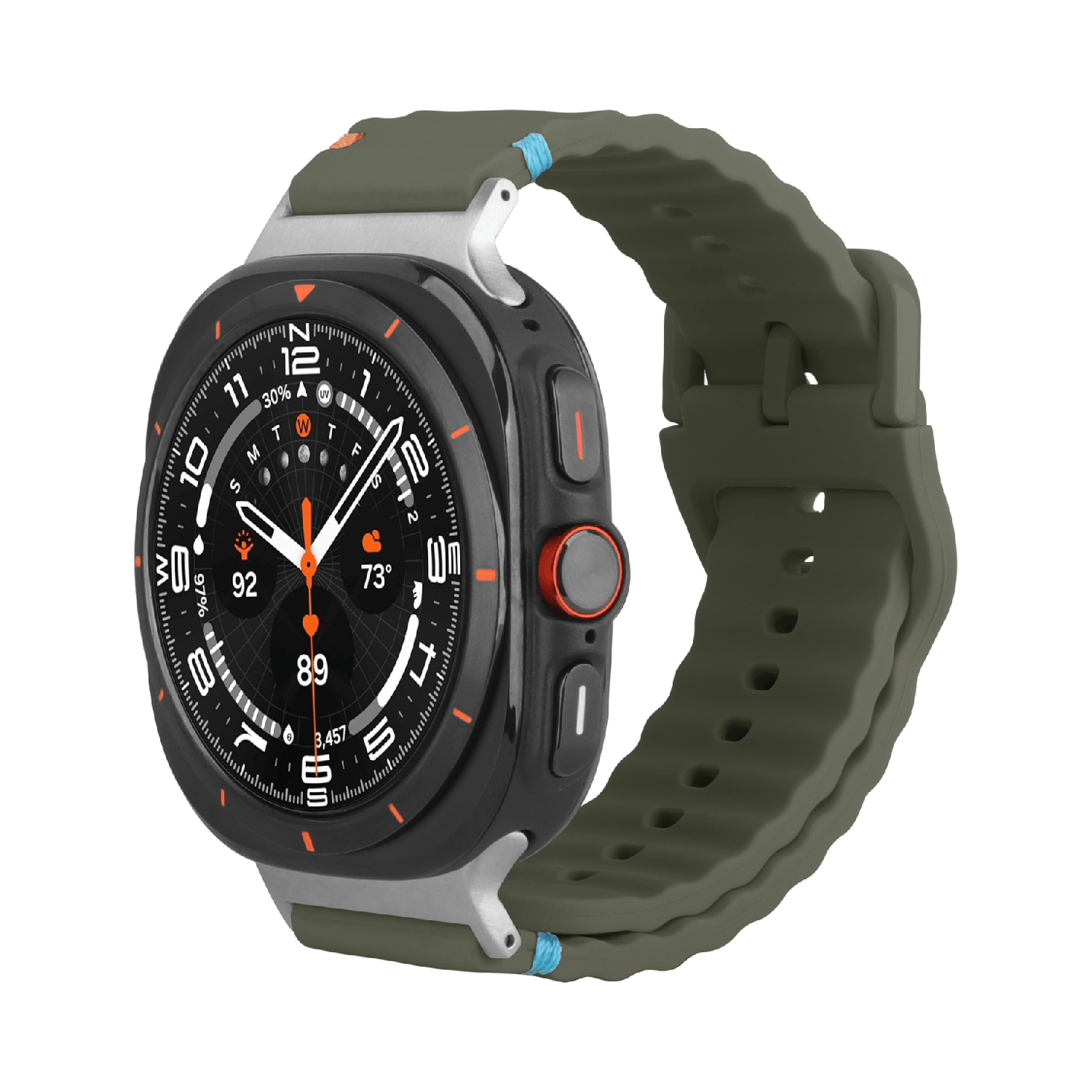 Een zwarte smartwatch met groene band. De wijzerplaat toont tijd en gezondheidsgegevens. Oranje en blauwe accenten zijn zichtbaar.