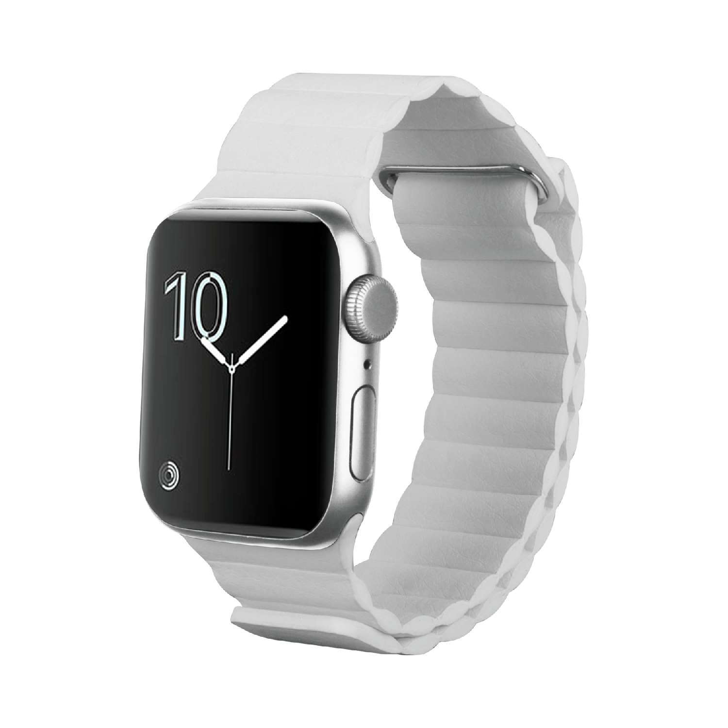 Zilveren Apple Watch met witte band, toont de tijd 10:00 uur, op zwarte achtergrond.
