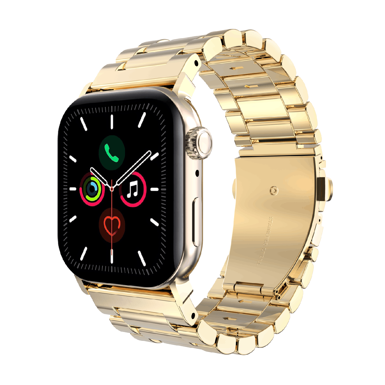Une Apple Watch dorée avec un écran noir affichant des icônes, sur fond noir. Le bracelet est également doré.