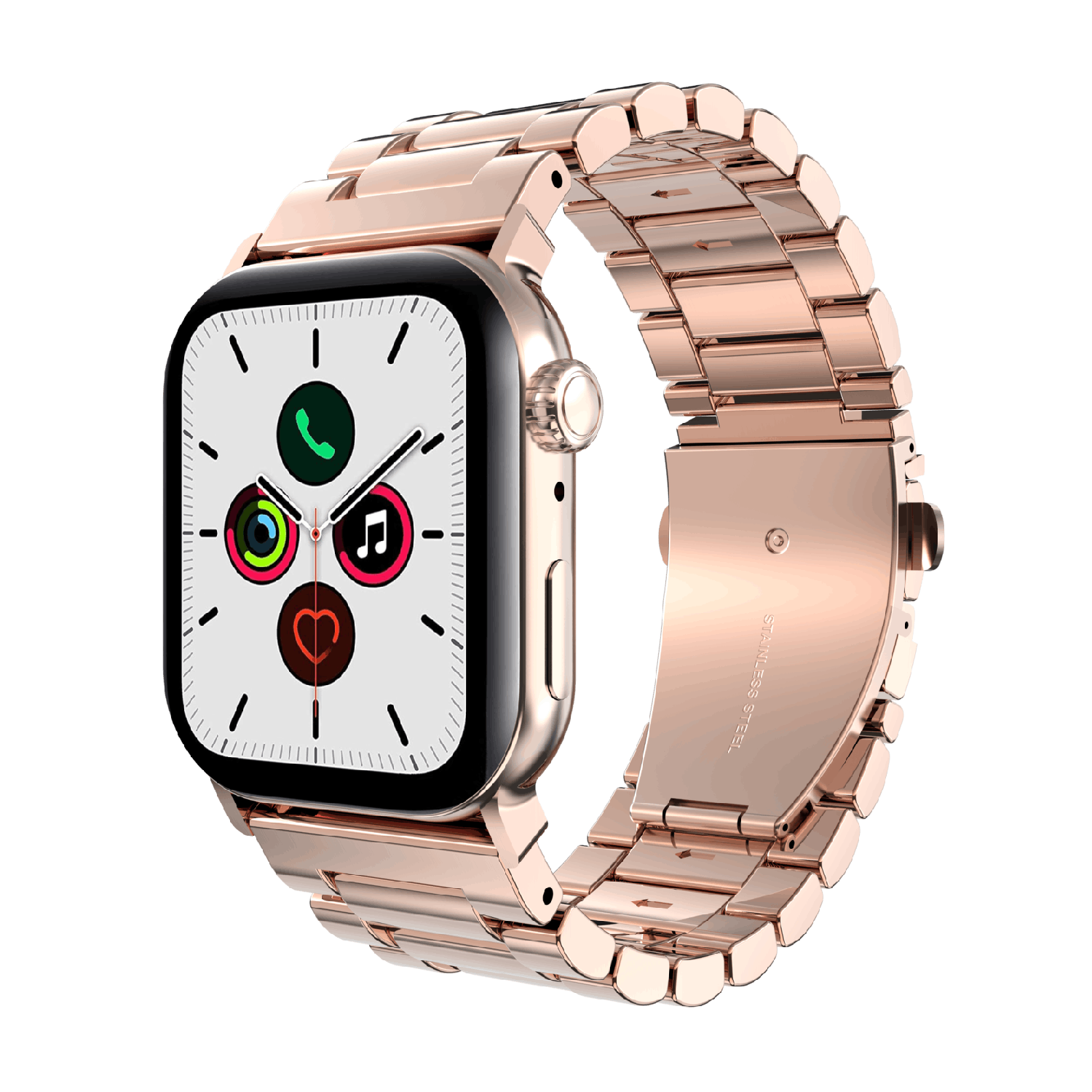 Une Apple Watch en or rose avec un bracelet en métal est affichée sur fond noir. Le cadran de la montre affiche diverses icônes.
