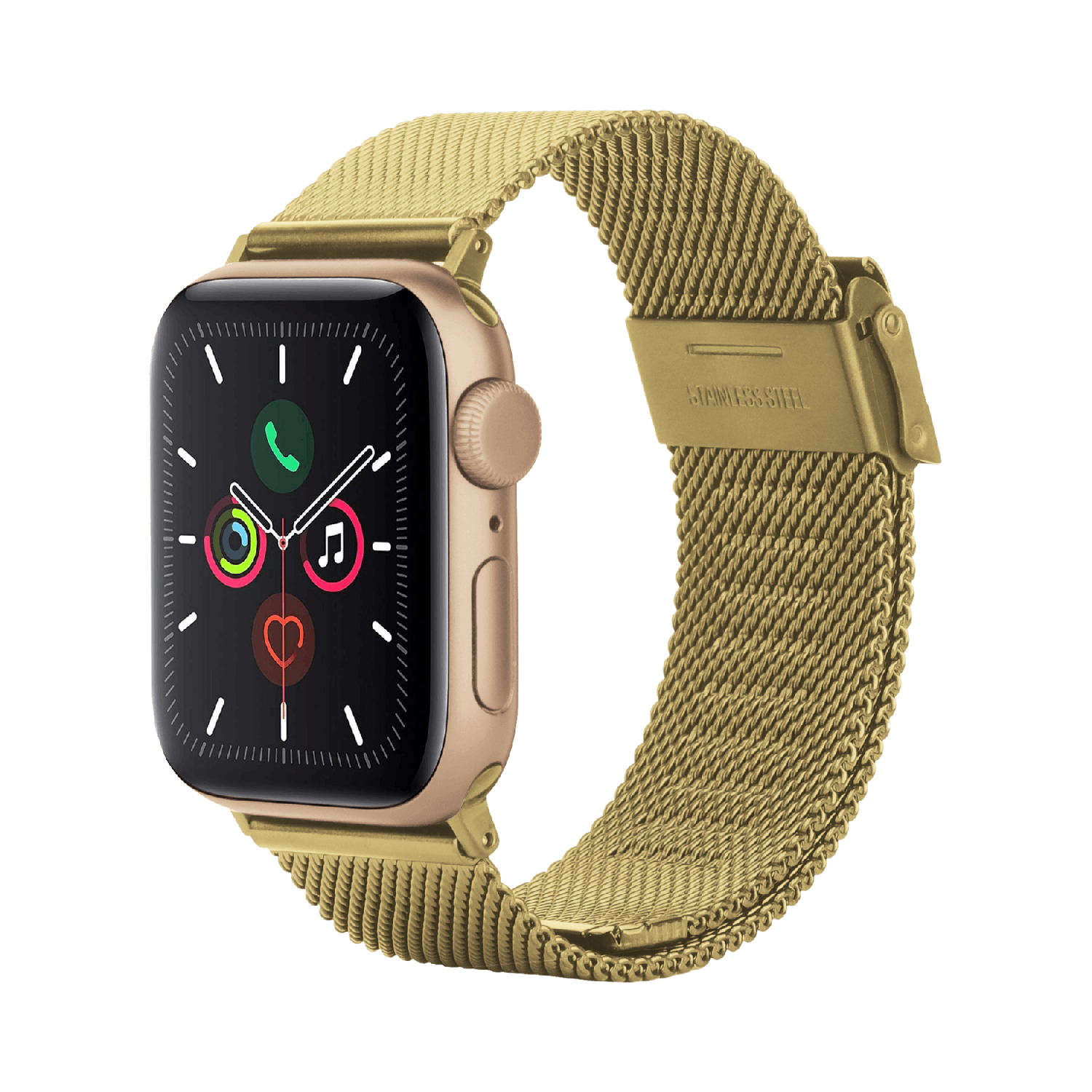 Une Apple Watch dorée avec un bracelet en maille. Le cadran affiche des icônes et l'heure. Le fond est noir.