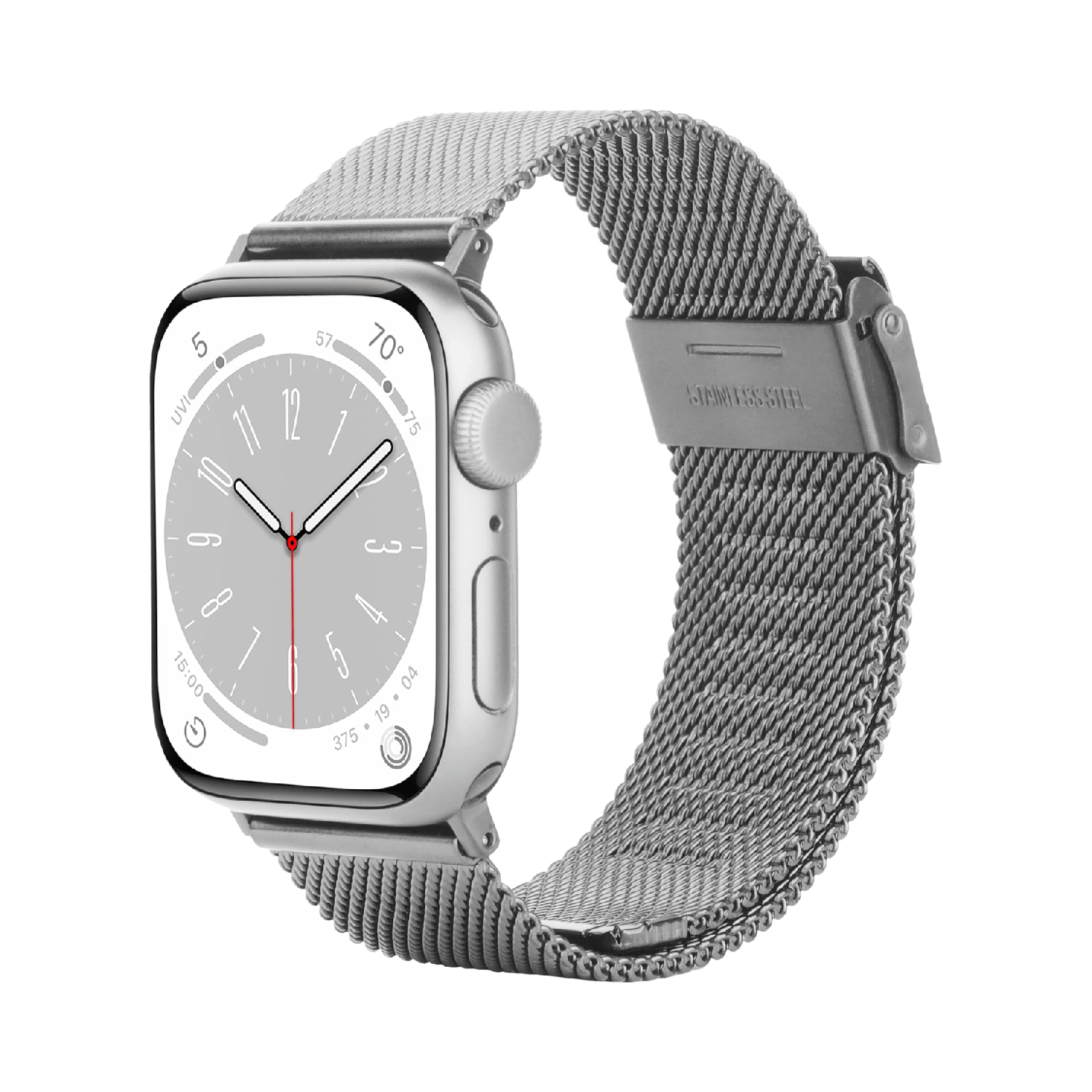 Une Apple Watch argentée avec un bracelet en maille. Le cadran affiche l'heure. Le fond est noir.