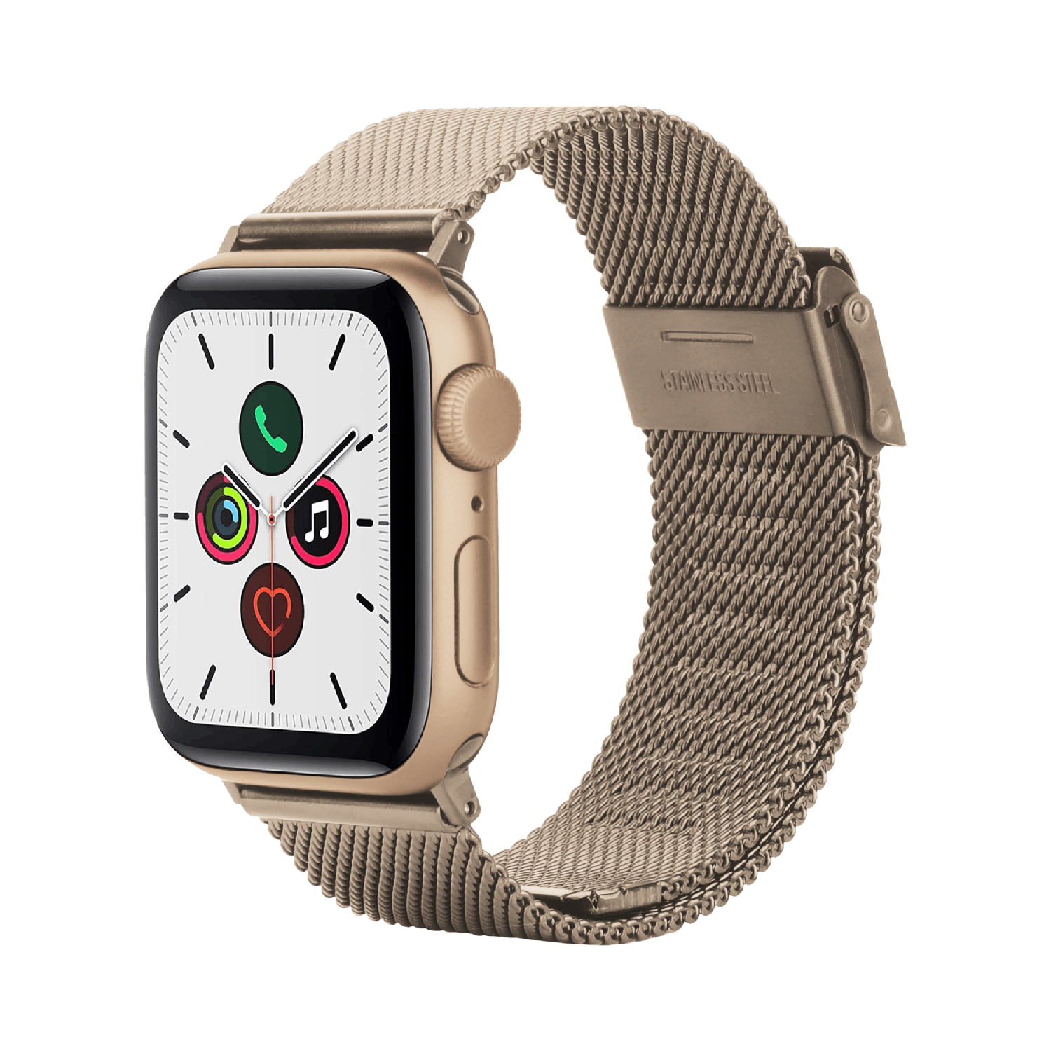 Apple Watch dorée avec un bracelet métallique. Le cadran affiche des icônes. Le bracelet est connecté avec une boucle en acier.