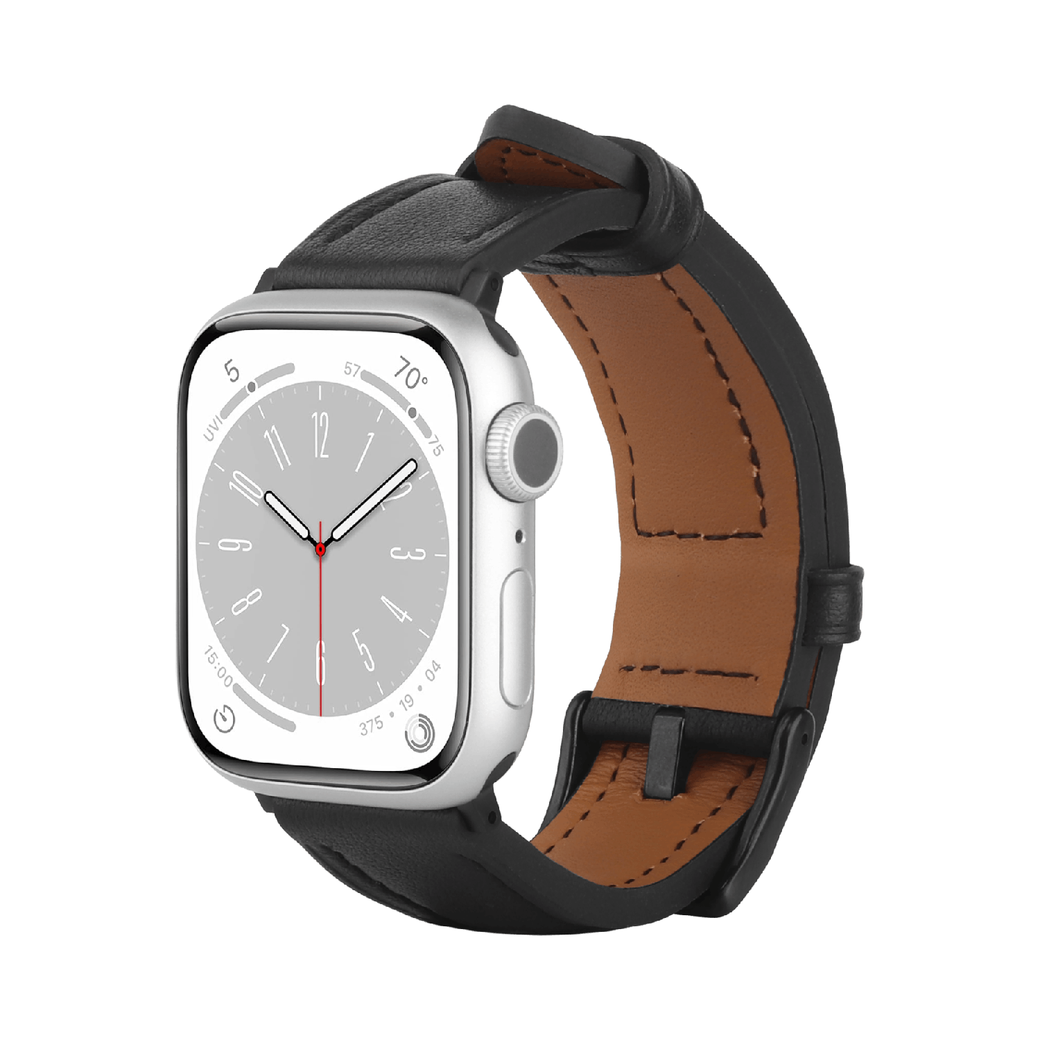 Een zilveren Apple Watch met een zwarte leren band en een bruine binnenband. De horloge geeft de tijd weer.