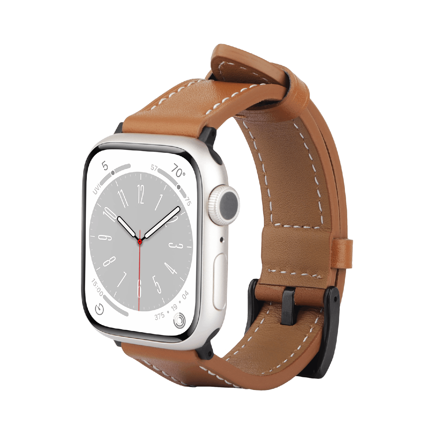 Une Apple Watch argentée avec un bracelet en cuir marron. Le cadran affiche l'heure. Le fond est noir.