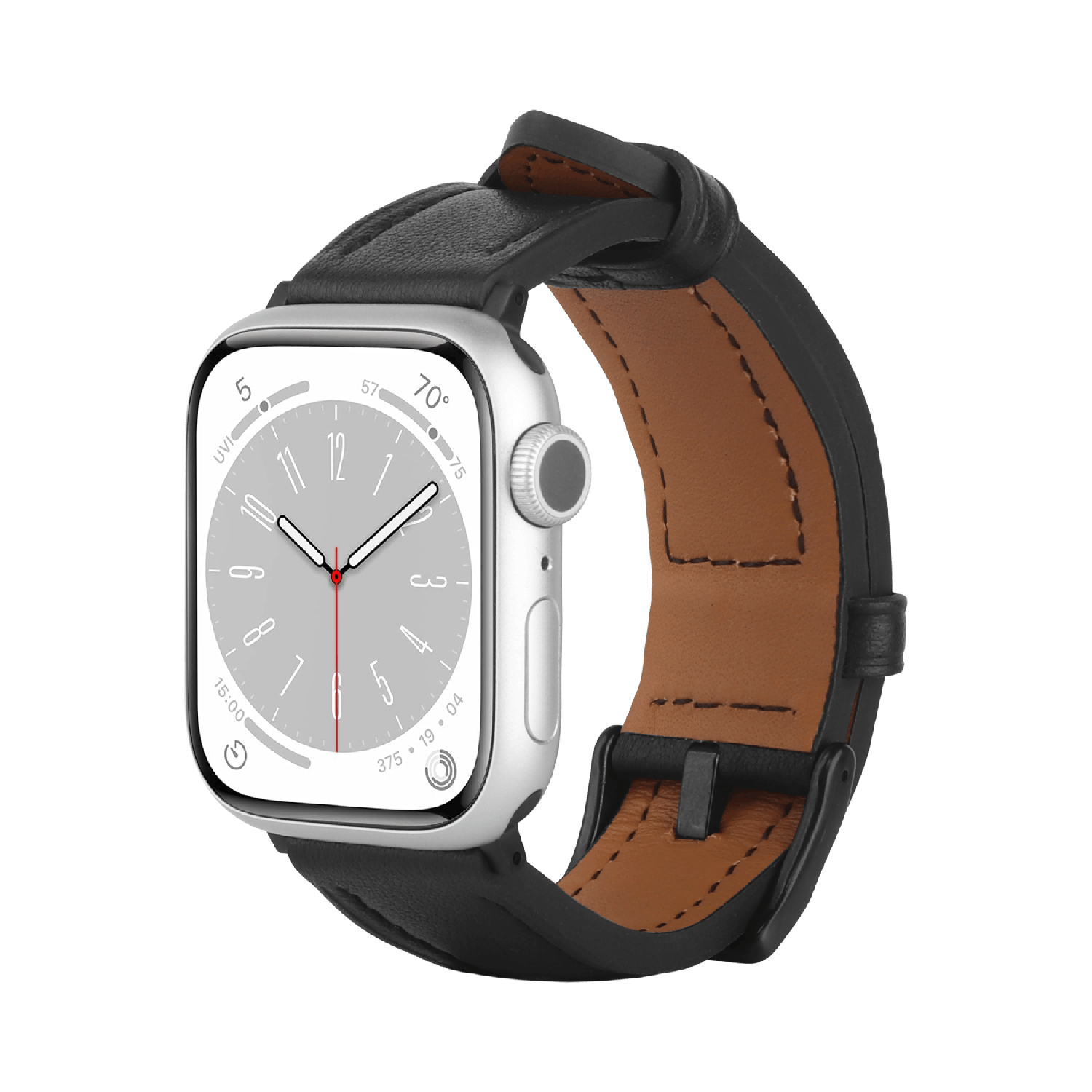 Een zilveren Apple Watch met een zwarte lederen band. Het horloge toont de tijd en andere gegevens.