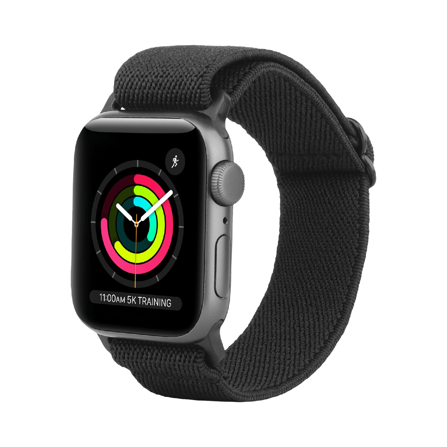 Apple Watch argentée avec bracelet en tissu noir. L'écran affiche une icône de course et des données d'entraînement.