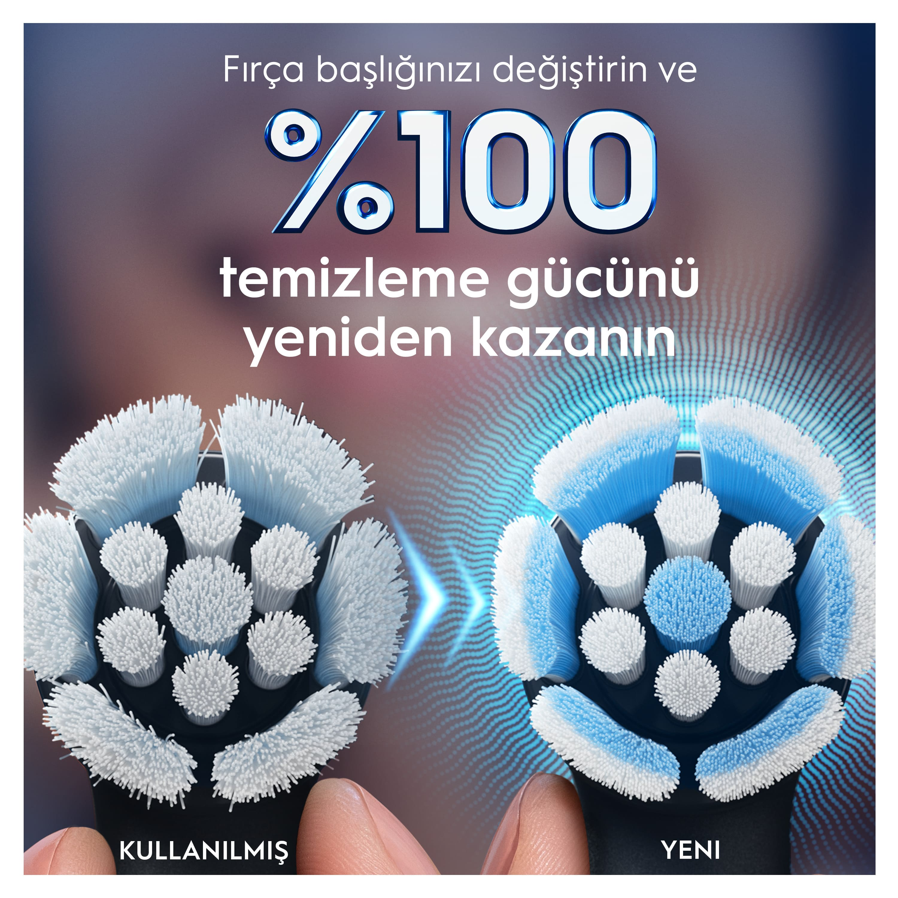 İki diş fırçası başlığı, biri kullanılmış diğeri yeni, Türkçe metin ve mavi ışık efektleriyle.