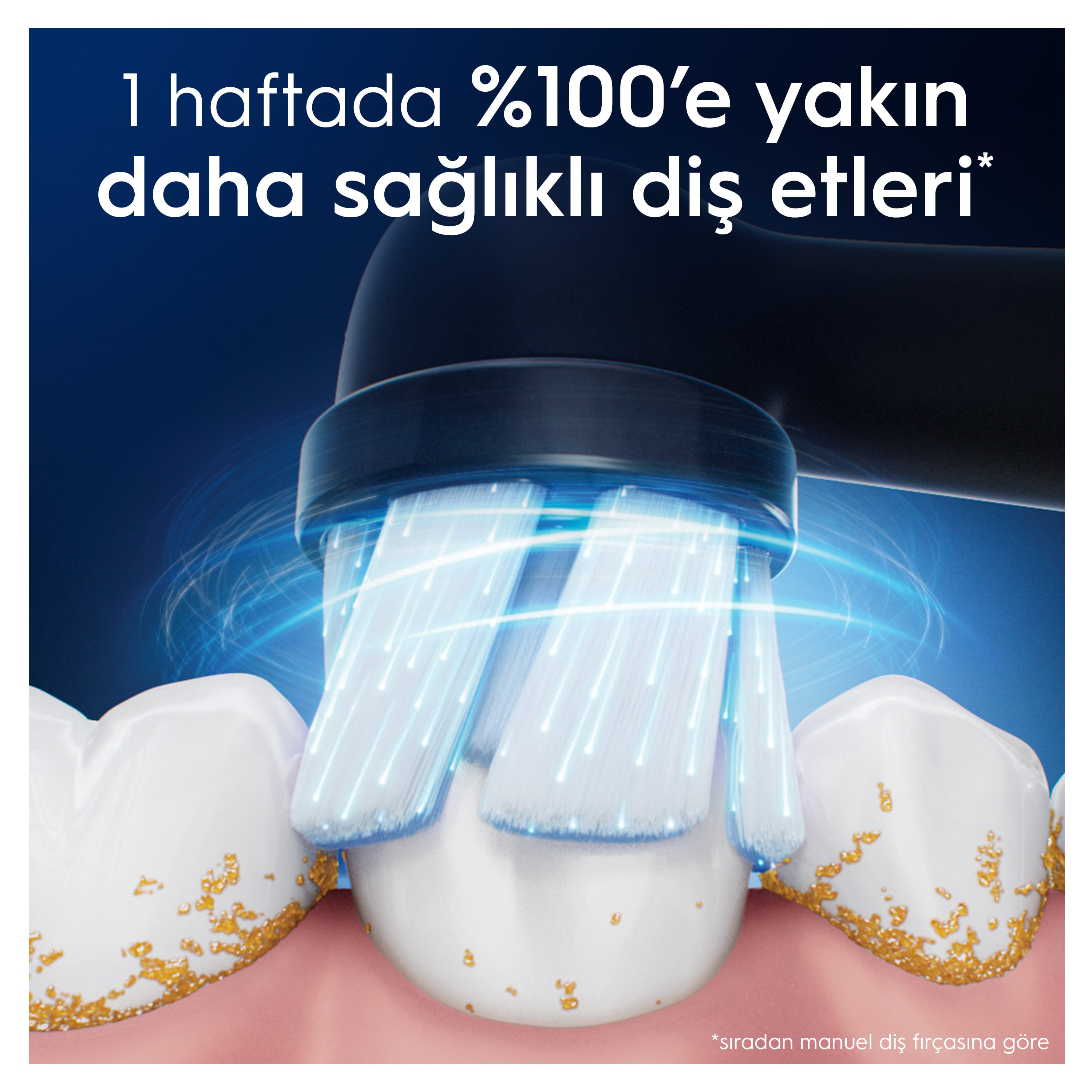 Fırça başlığı ve metinli bir elektrikli diş fırçası.