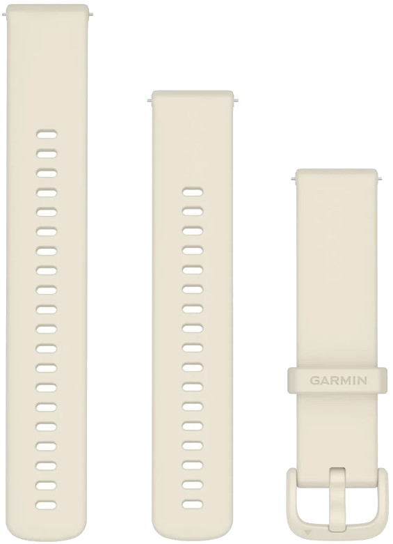 Trzy kremowe paski do zegarków: dwa perforowane, jeden z klamrą. Logo Garmin znajduje się na pasku z klamrą.