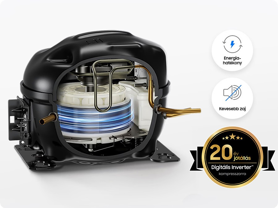 Egy hűtőszekrény kompresszorának metszete, amely a belső alkatrészeket és az energiahatékonyság és zajcsökkentés címkéit mutatja.