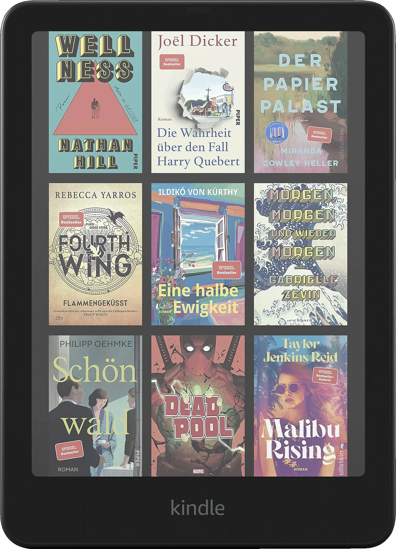 Kindle több könyv borítójával a képernyőn.