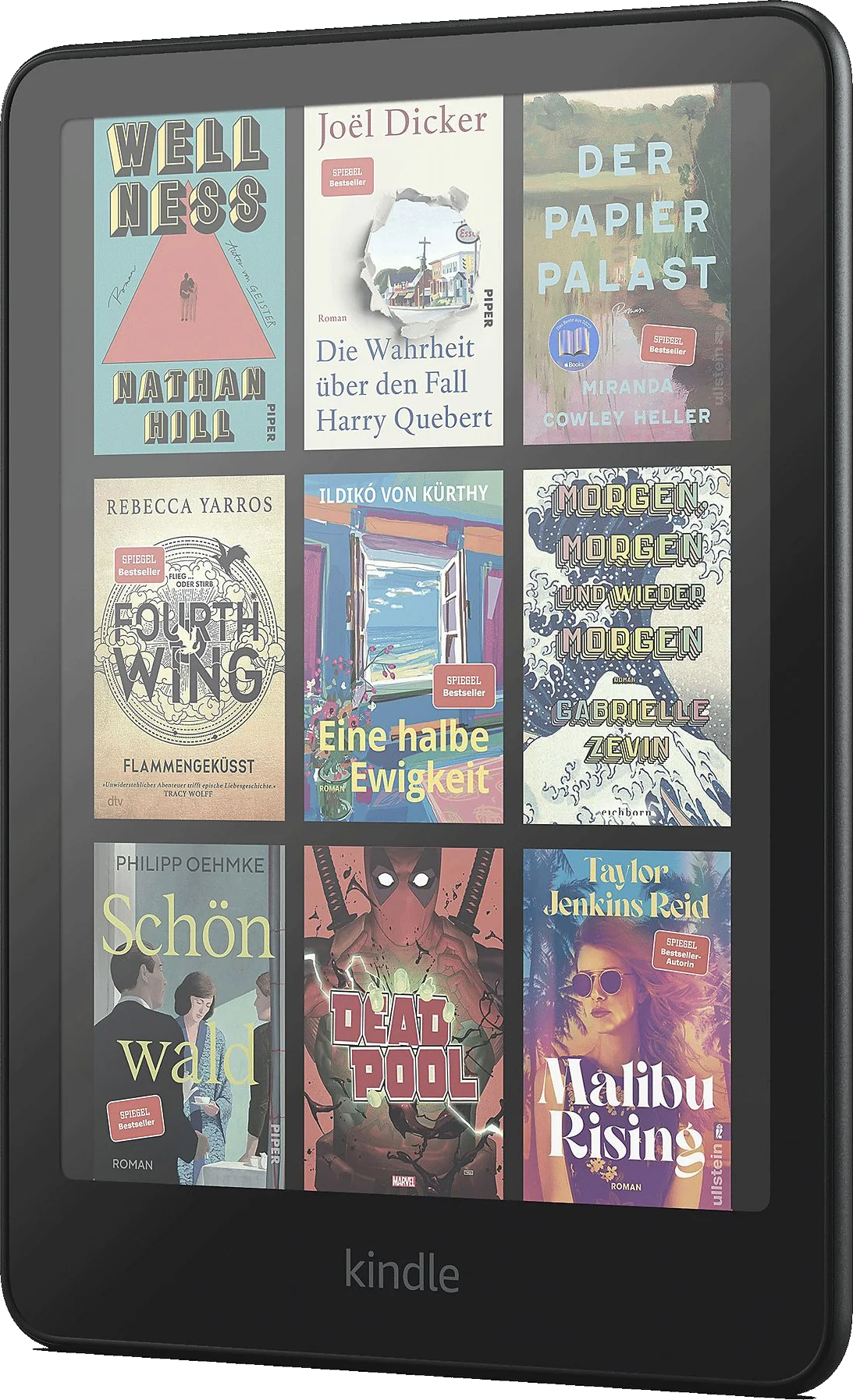 Fekete Kindle, amely különféle könyvek borítóit mutatja.