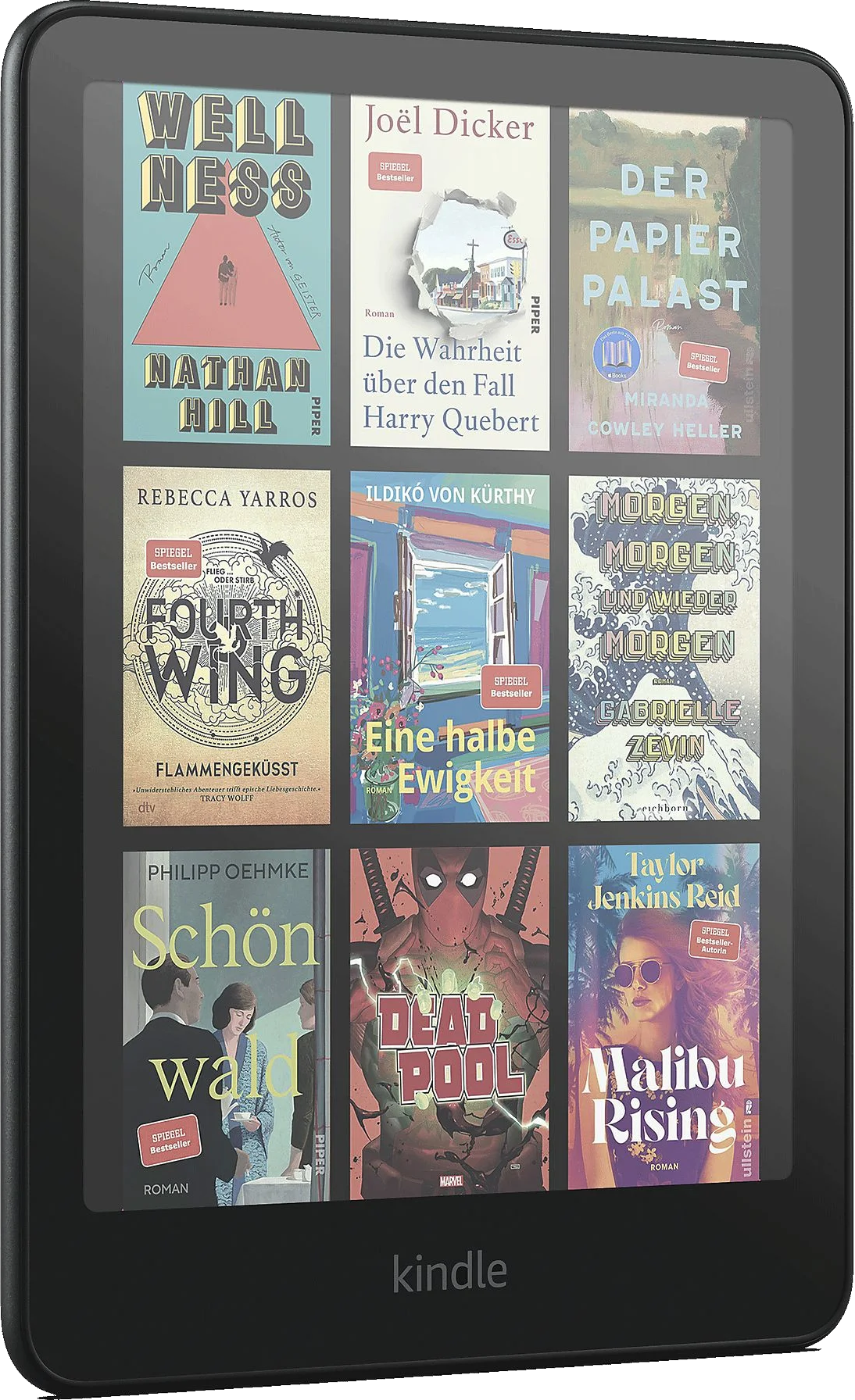 Fekete Kindle eszköz, amely több könyvborítót jelenít meg.