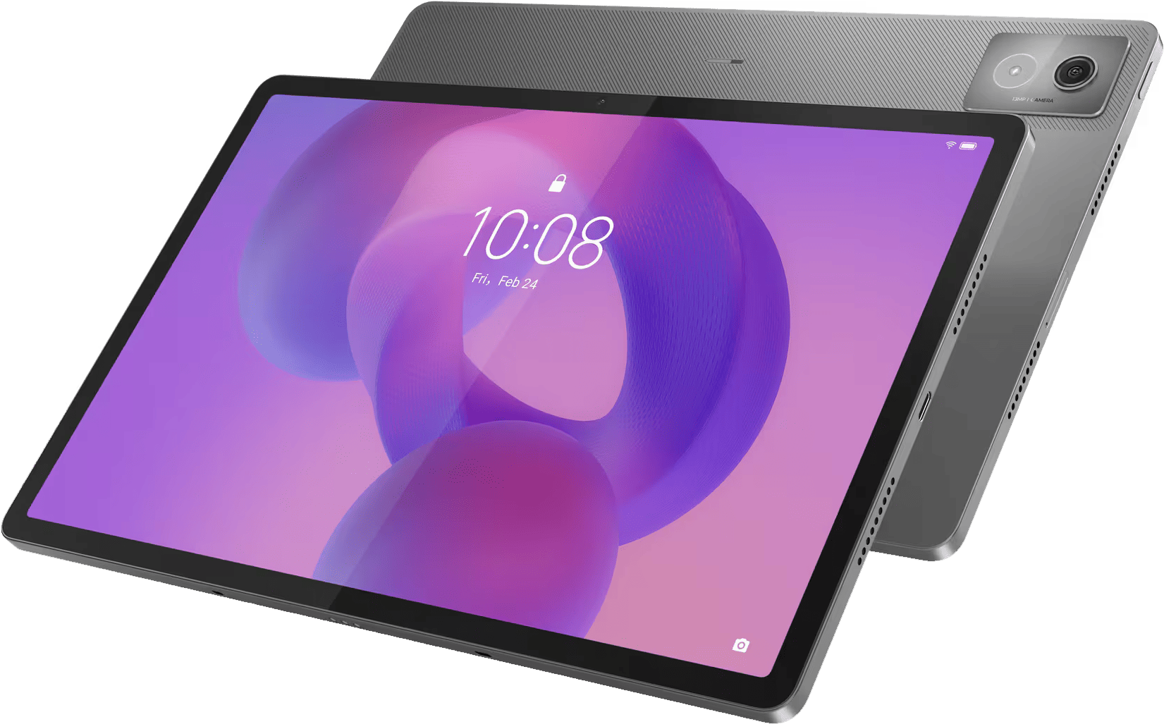 Szürke tablet lila-fehér absztrakt háttérrel, időt és dátumot mutat.