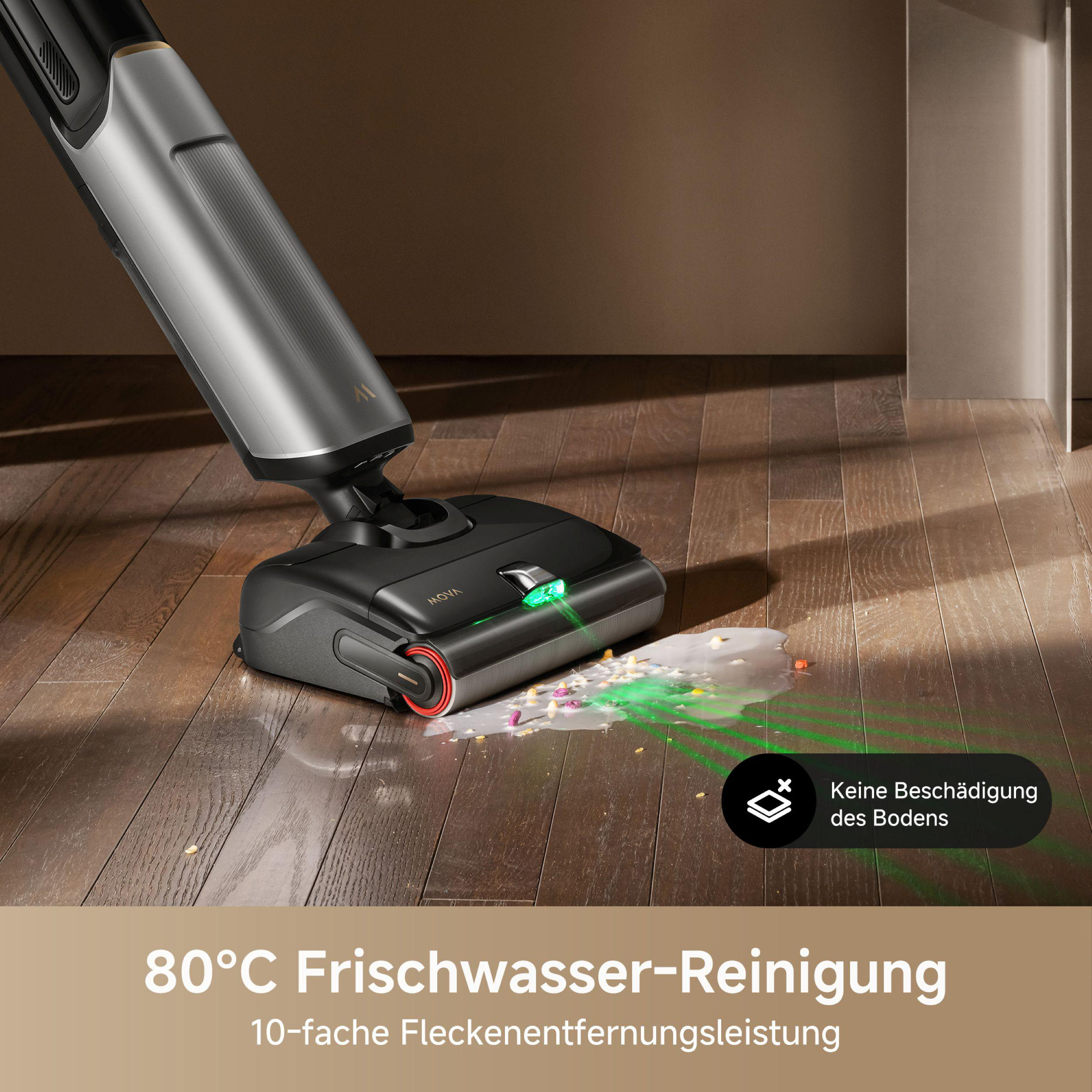 Ein Haushaltsreinigungsgerät, das einen Holzboden reinigt, mit grünem Licht und Wasser auf dem Boden.