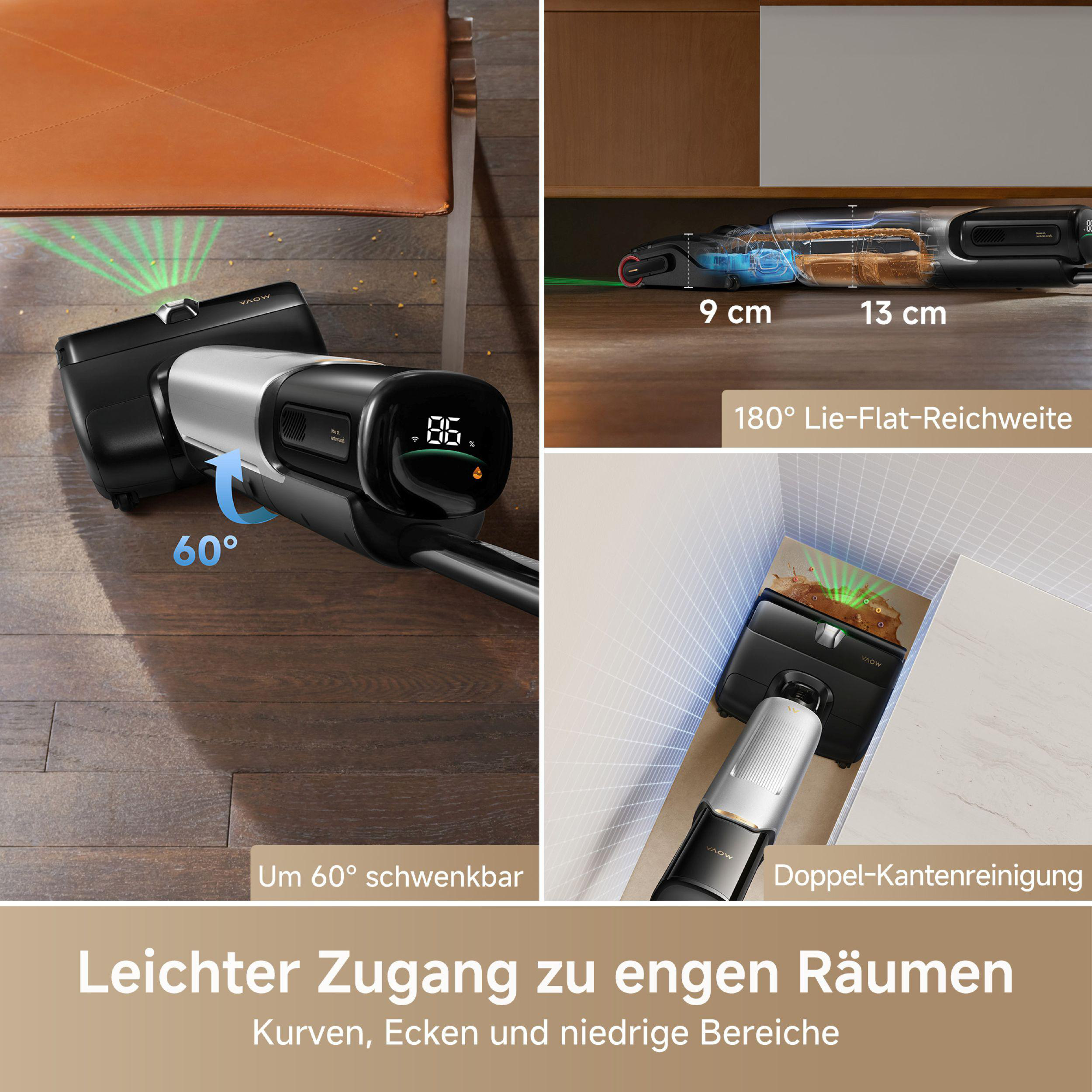 Ein Staubsauger im Einsatz, der seinen Kopf in einem Winkel von 60 Grad zeigt und enge Räume reinigt.