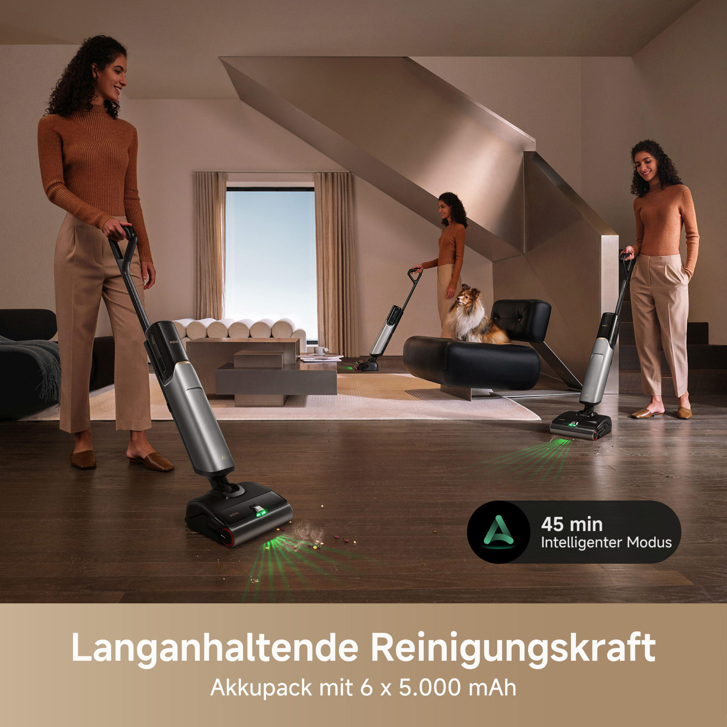 Drei Personen reinigen einen Raum mit einem Staubsauger.