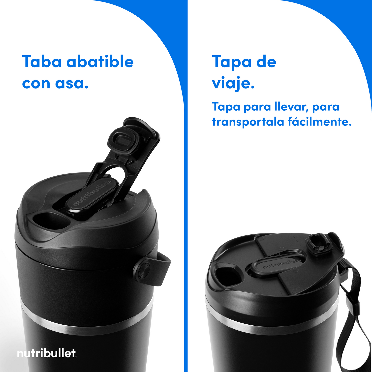 Dos imágenes de un recipiente Nutribullet negro con tapa abatible.