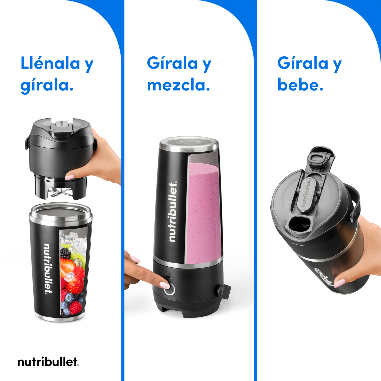 Licuadora, puerto de carga USB-C visible. Texto dice "Recargable".