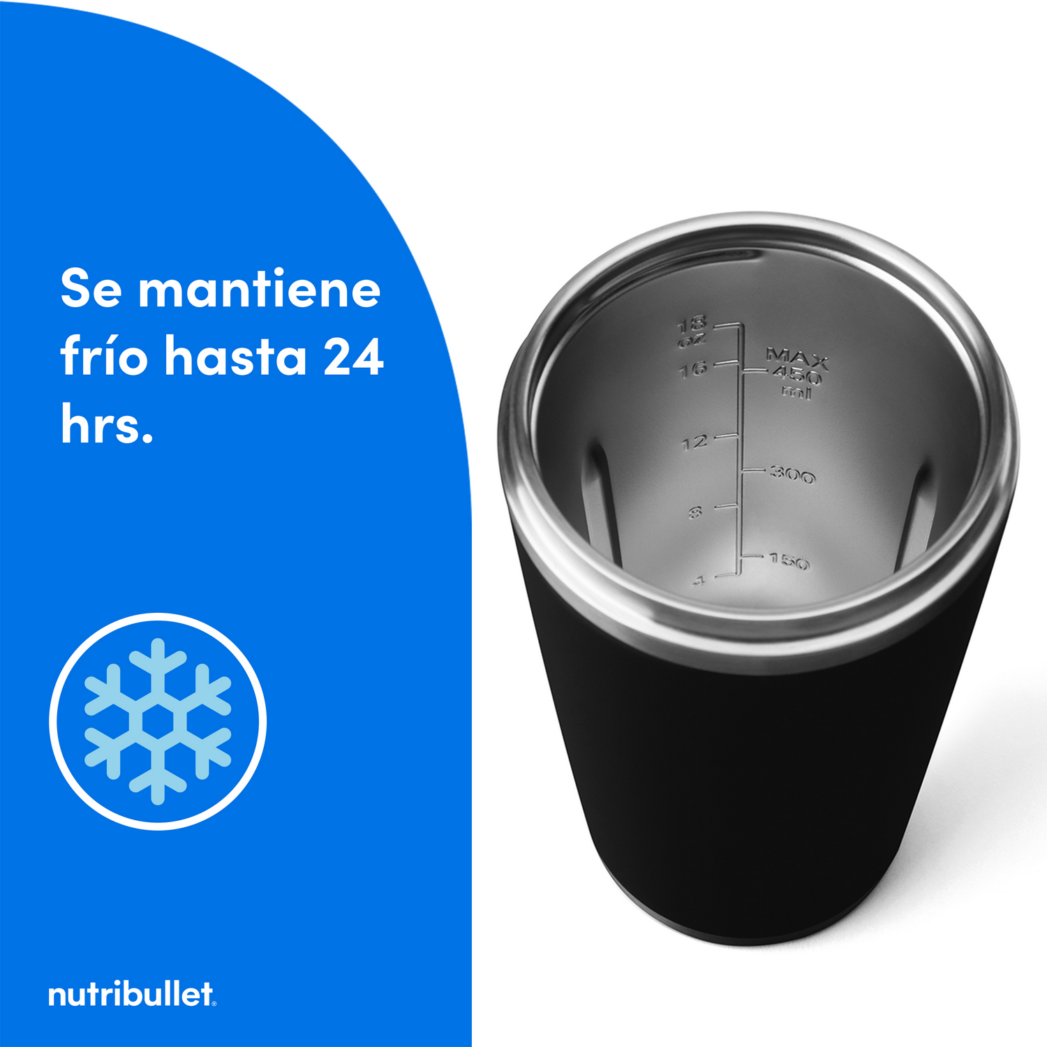 Vaso de viaje negro con medidas e icono de copo de nieve.