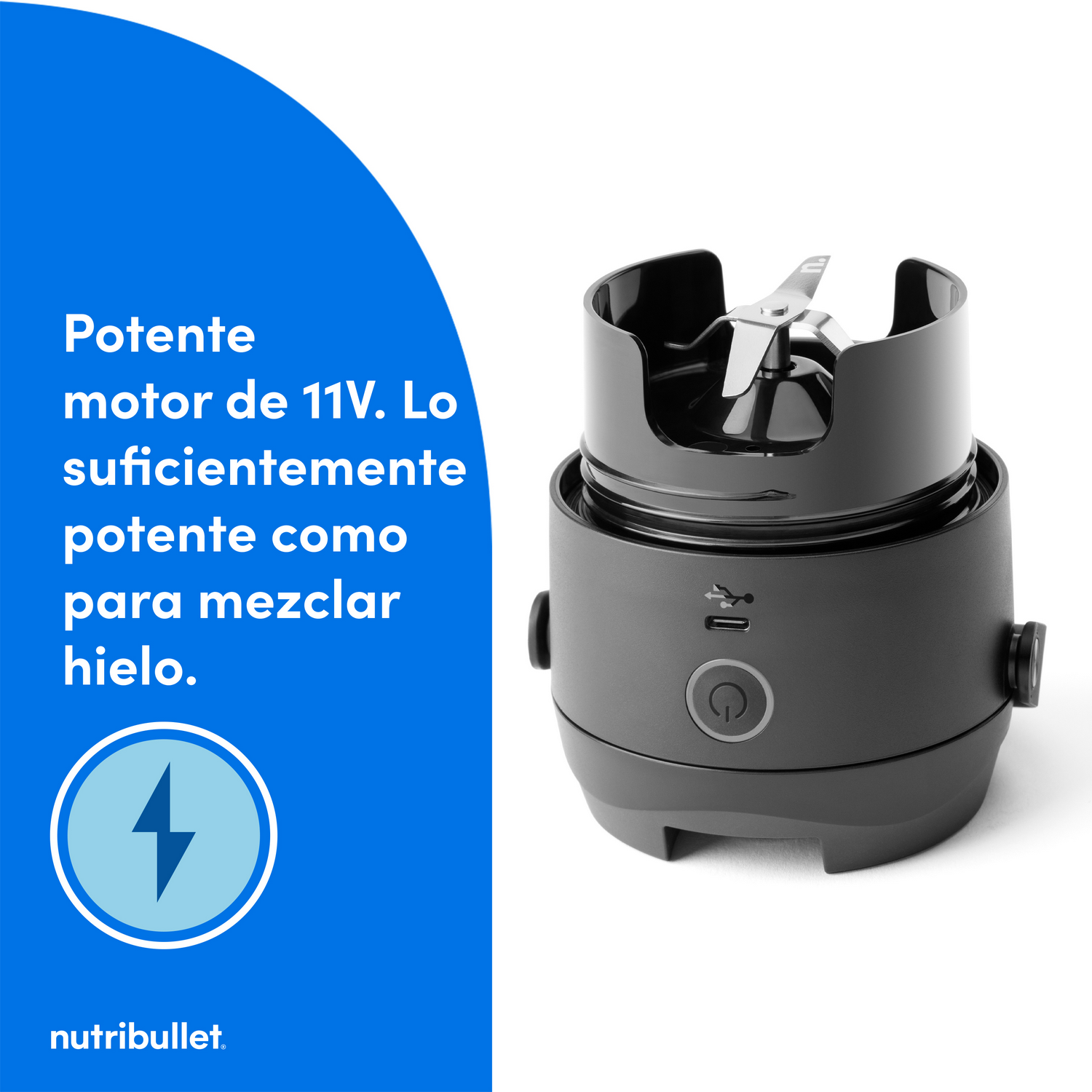 Una batidora Nutribullet negra con un potente motor de 11V, adecuada para mezclar hielo, con un icono de rayo.