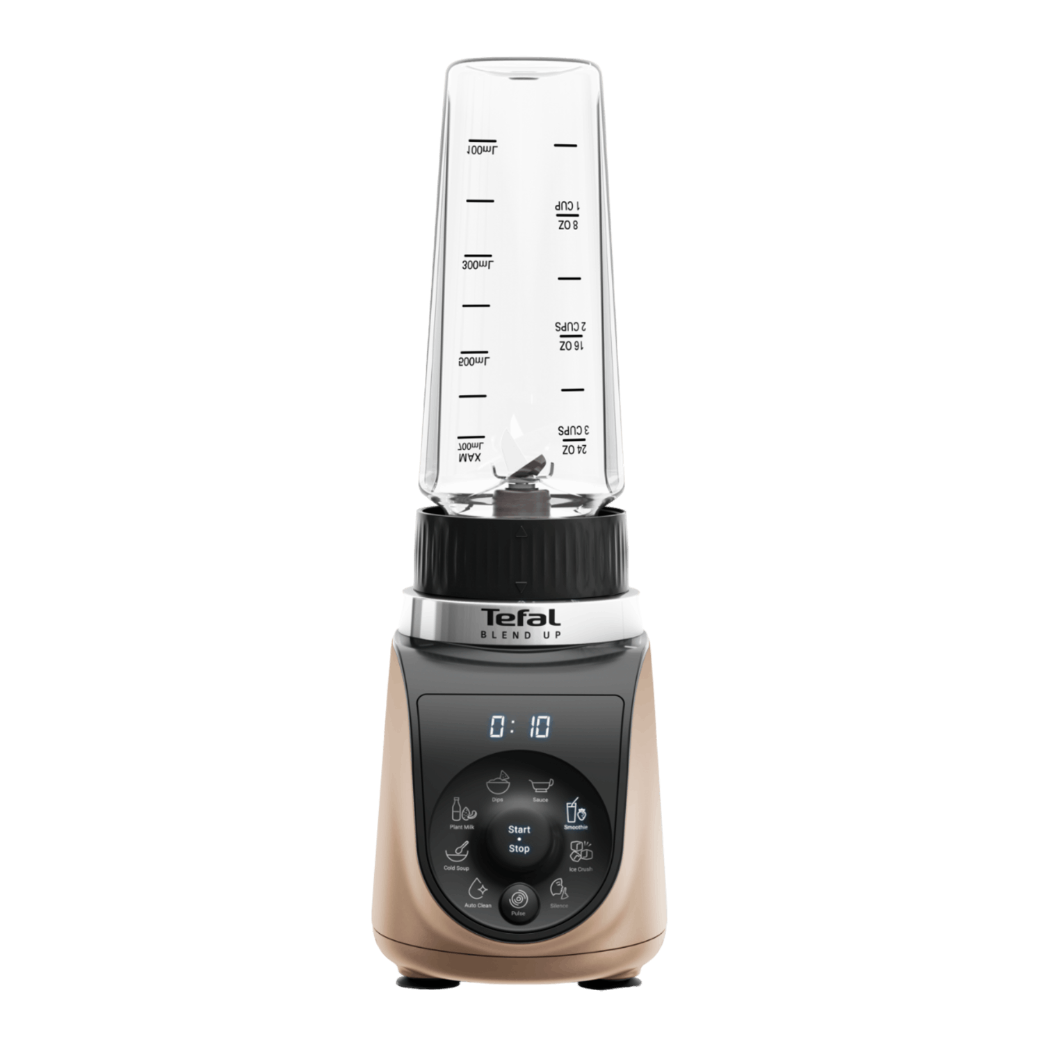 A gold-colored blender on a white background. The blender has a clear container with measurements.