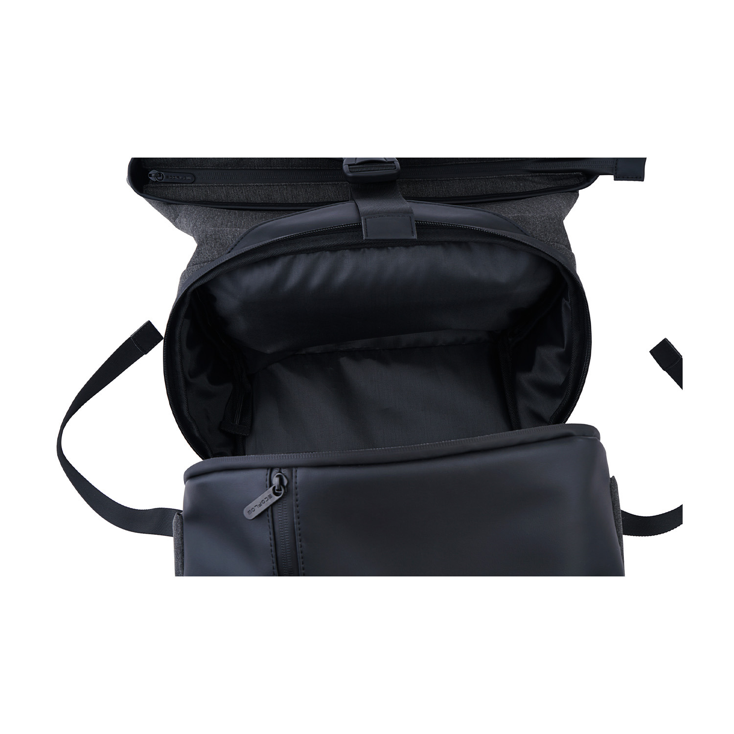 Open black backpack with an interior pocket, viewed from above against a white background.