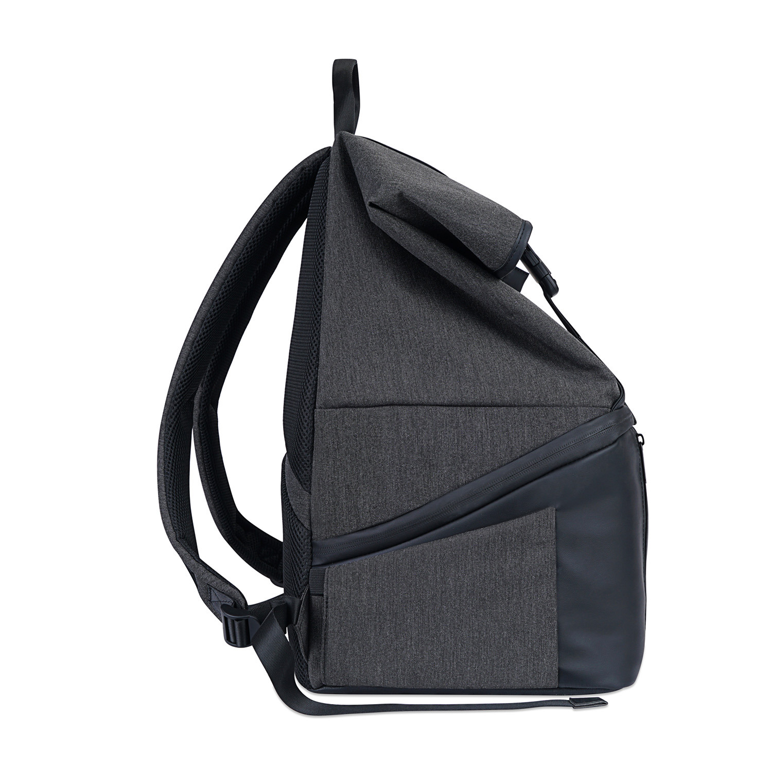 Dark gray backpack with black accents, angled side view, on white background.