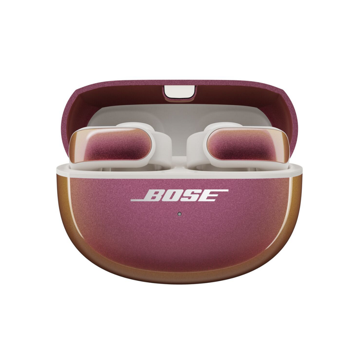 Earbuds in a charging case, colored in maroon and gold. The case is open, showing the buds inside.