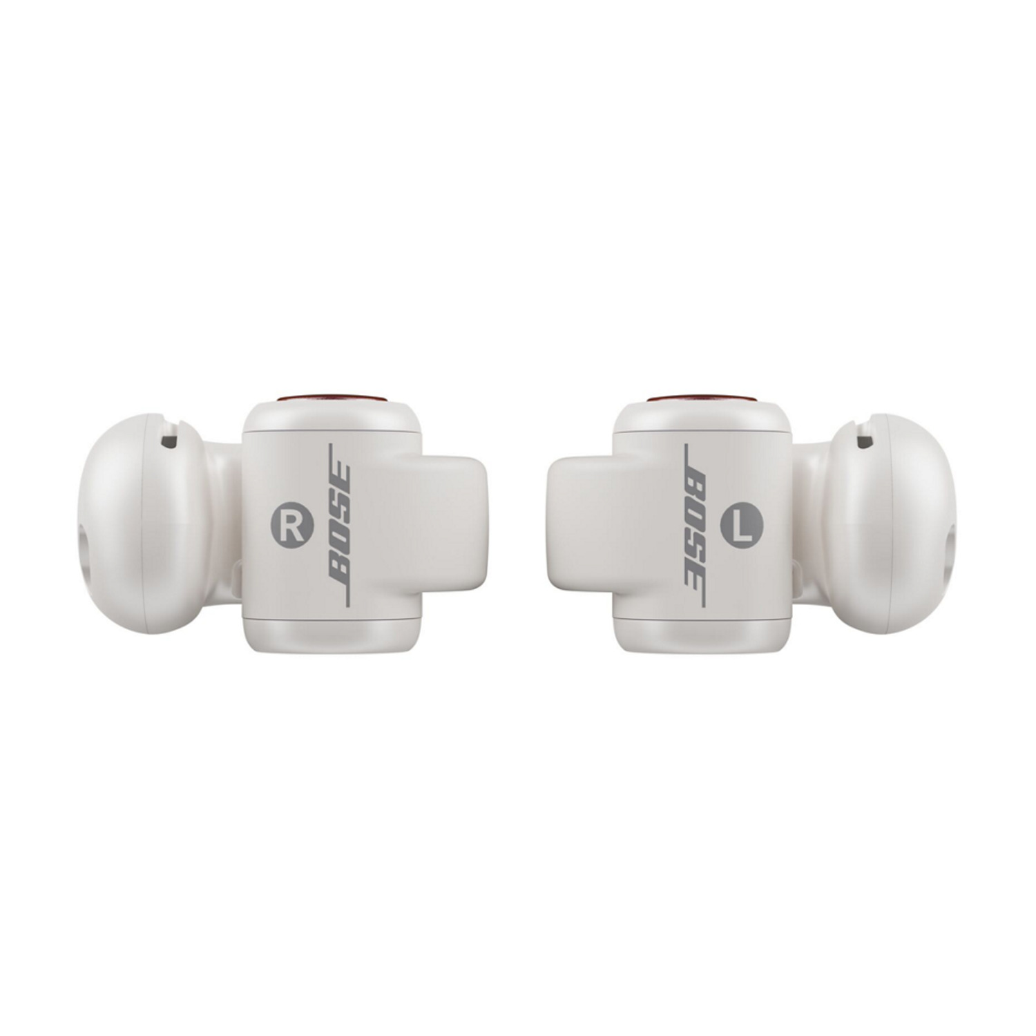 Two white Bose earbuds with red accents, labeled 'R' and 'L' on each bud.