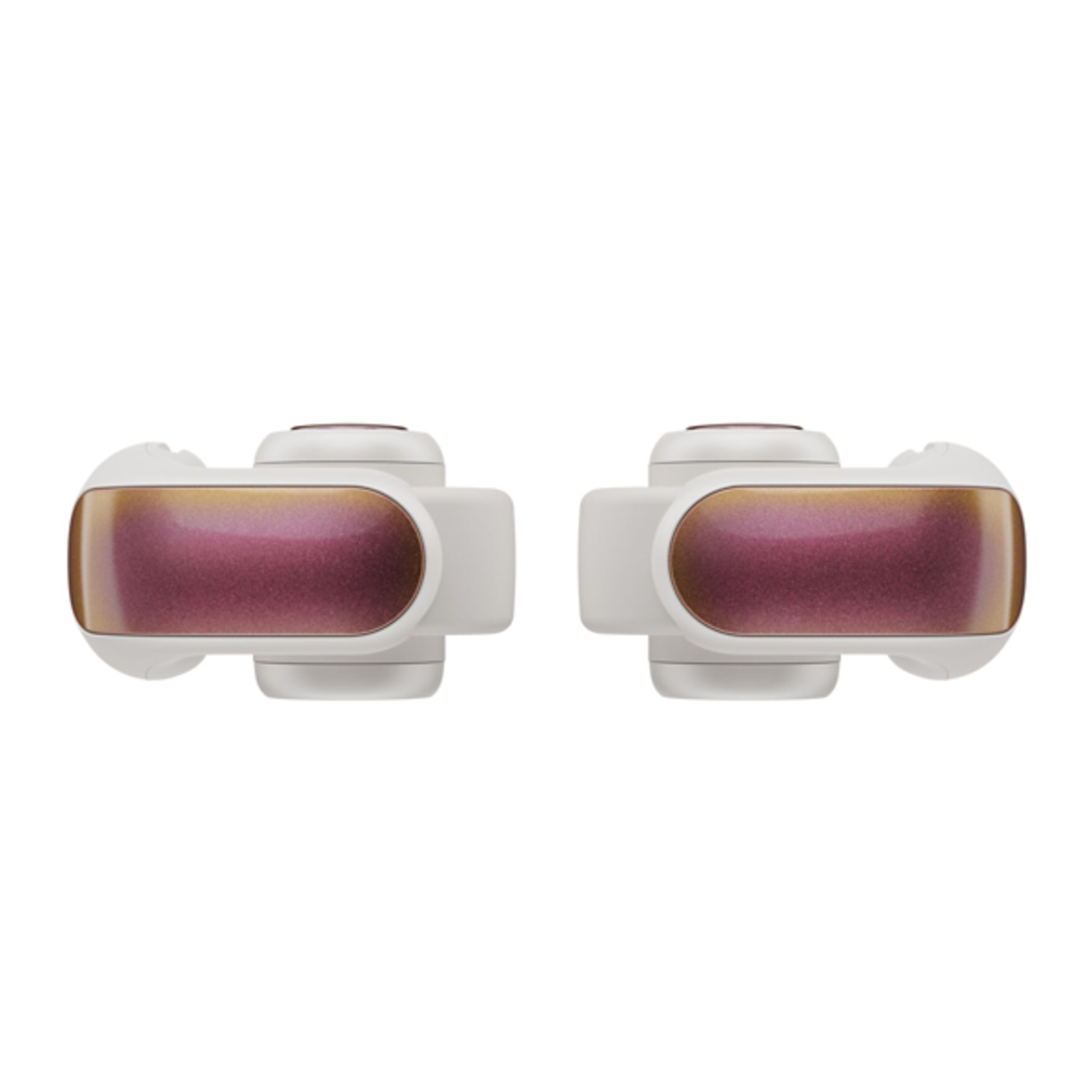 Two white earbuds with pink-purple accents, placed side by side on a white background.