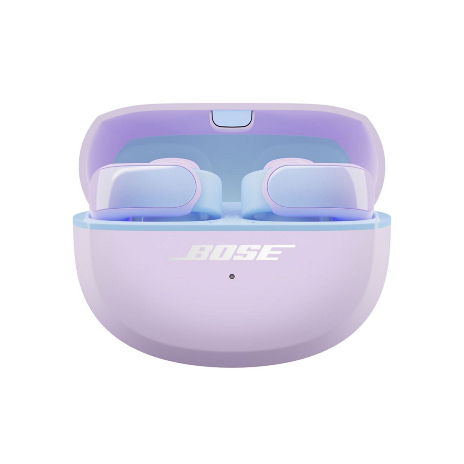 Open, purple and light blue Bose earbuds case with earbuds inside. White background.