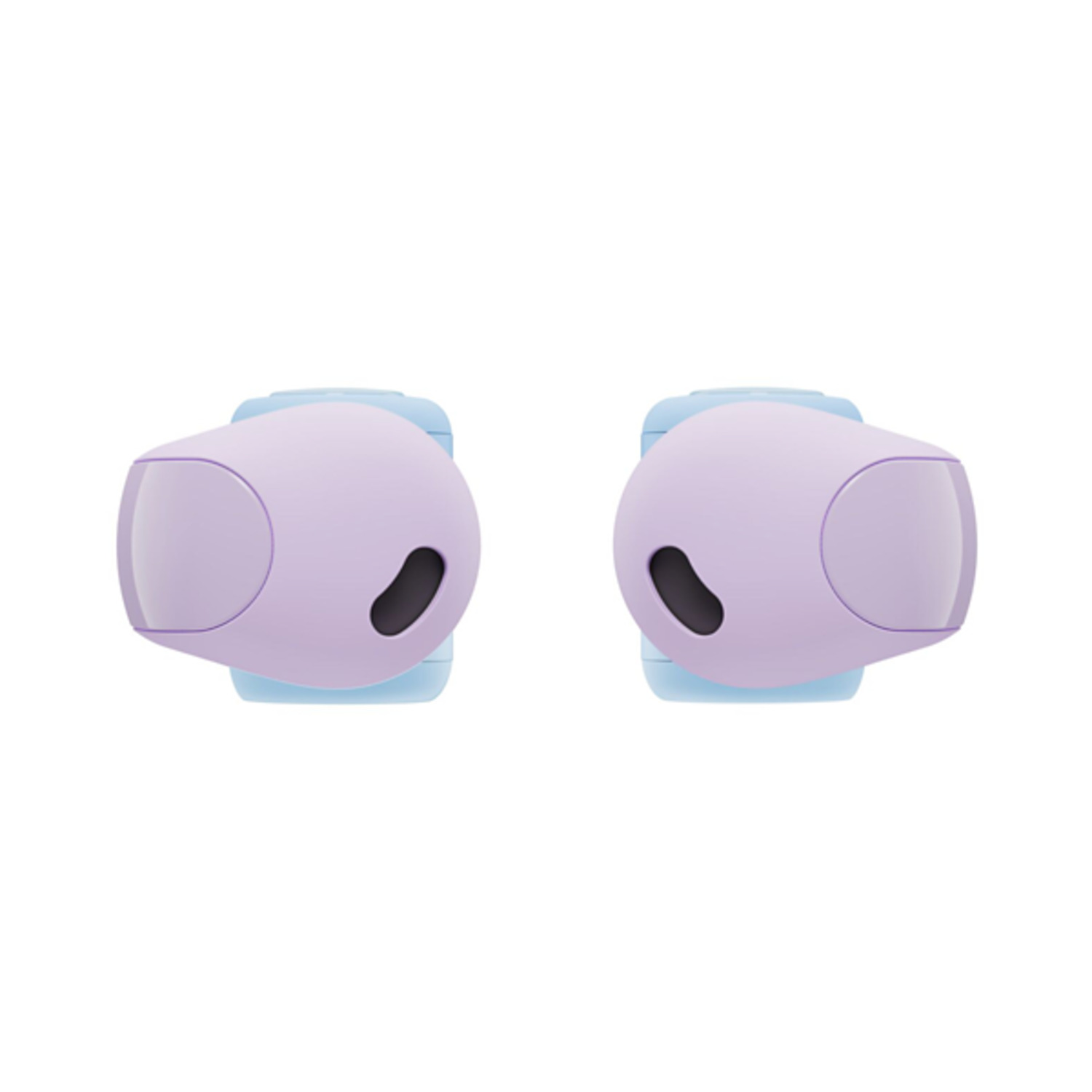 A pair of purple earbuds with light blue accents, angled towards the viewer.