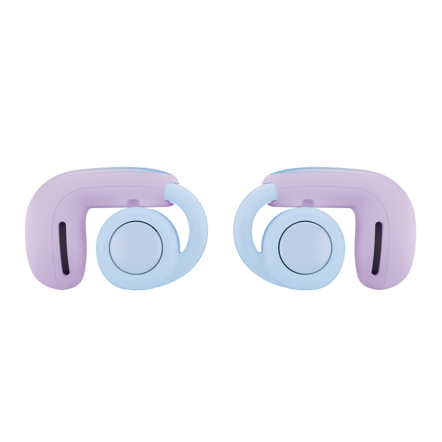 Two pairs of light purple and blue headphones. Ear pieces are blue.