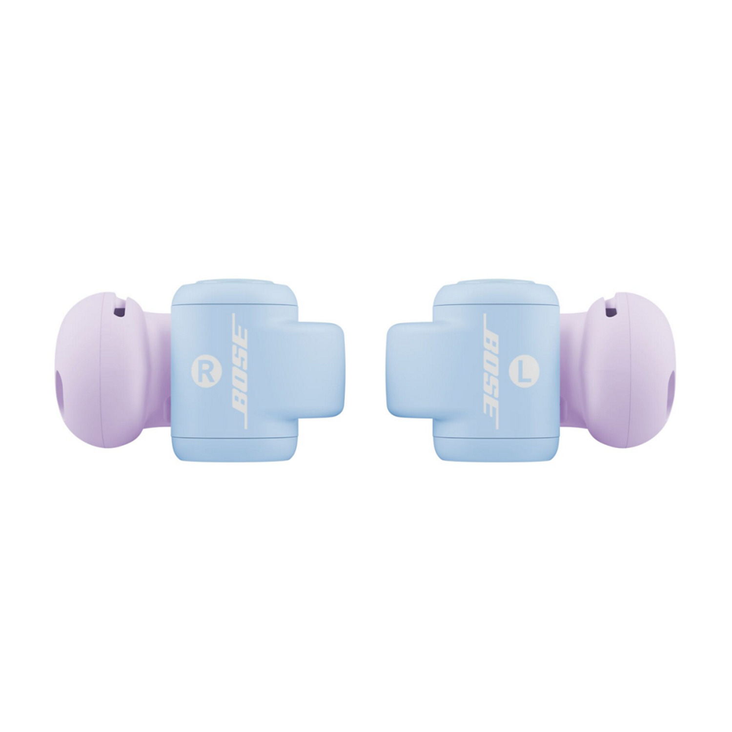 Two Bose earbuds, blue and lavender, with 'R' and 'L' labels, against a white backdrop.