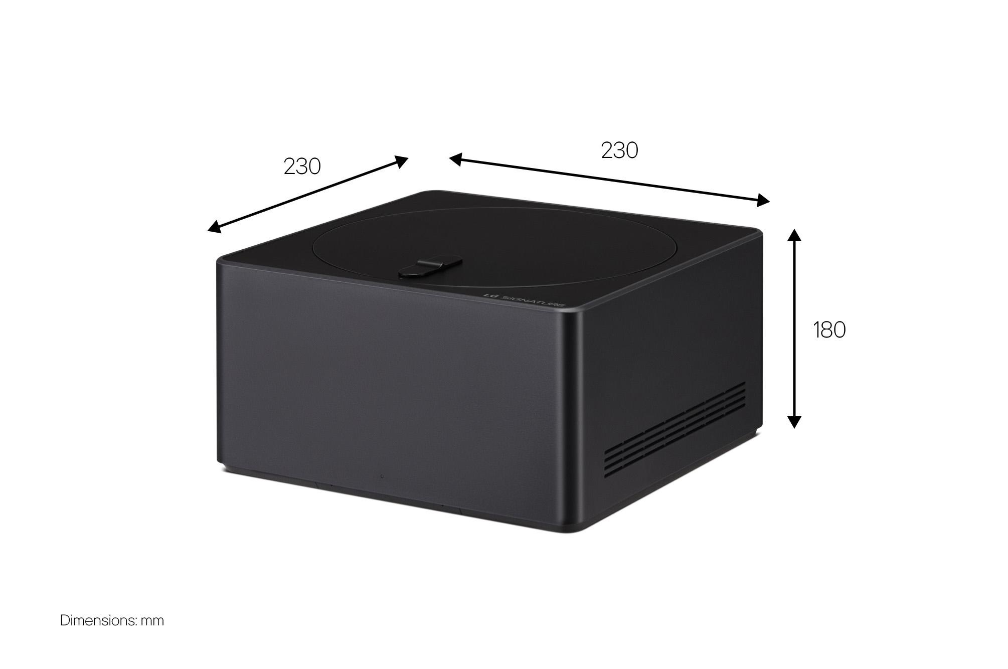 Schwarze quadratische Box mit in mm angegebenen Abmessungen.