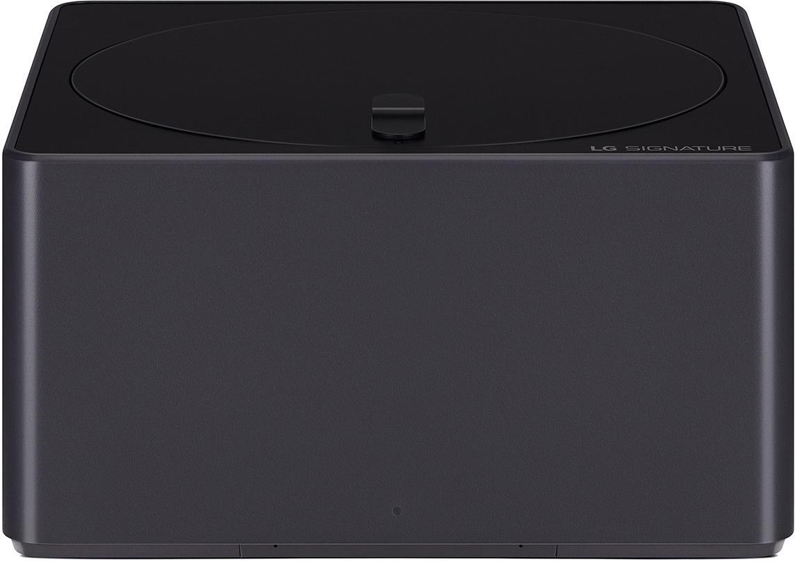 Ein schwarzes, würfelförmiges LG Signature-Gerät mit kreisförmiger Oberseite und kleinem Griff.