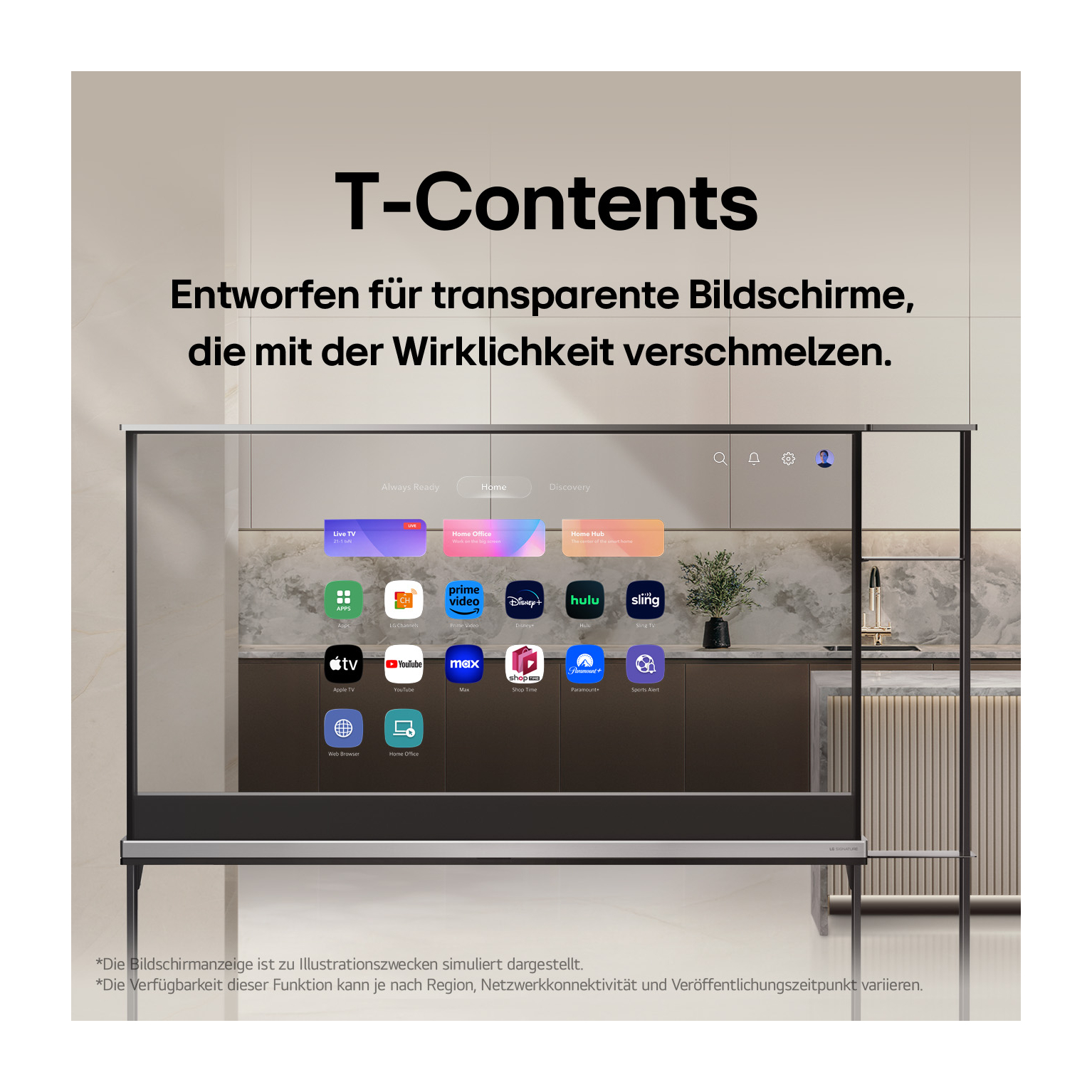 TV-Bildschirm zeigt Apps auf dunklem lilafarbenem Hintergrund.