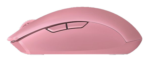 Różowa bezprzewodowa mysz komputerowa z dwoma bocznymi przyciskami, widok z boku.