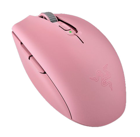 Różowa bezprzewodowa mysz Razer. Ma kółko, przyciski i logo Razer.