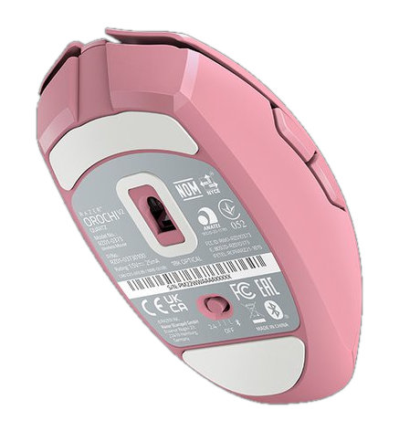Różowa mysz Razer Orochi V2, widoczny spód. Białe podkładki, czarny tekst.