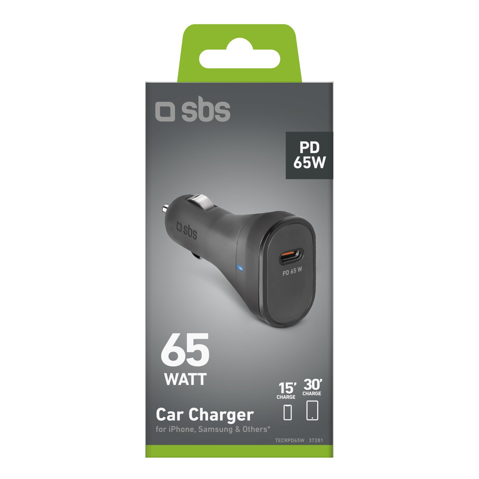 Schwarzes Autoladegerät mit USB-Anschluss und 'PD 65W' Text. Das Ladegerät befindet sich in einer Box.