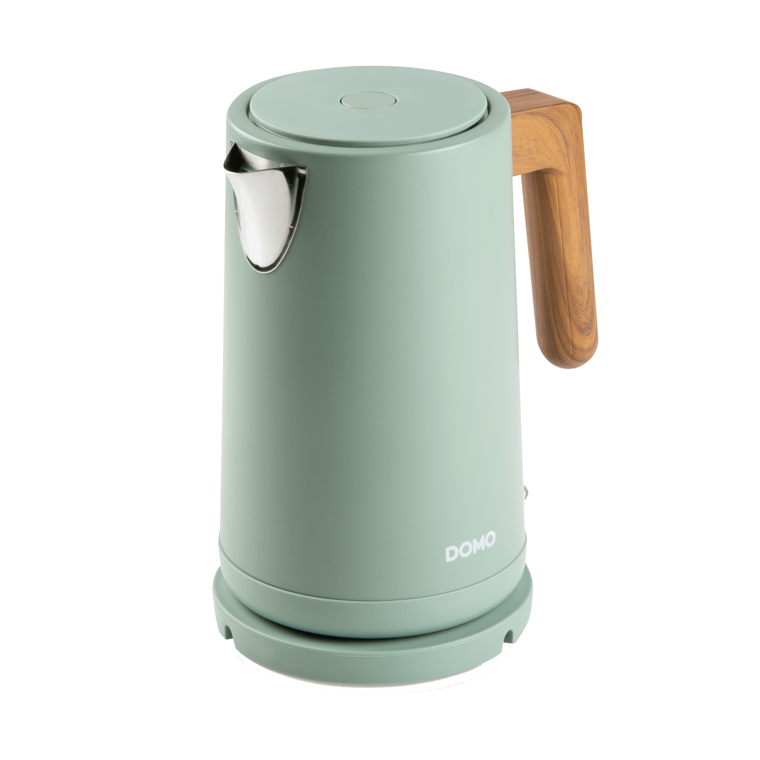 Groene waterkoker met houten handvat en basis, chromen tuit, tekst: DOMO.