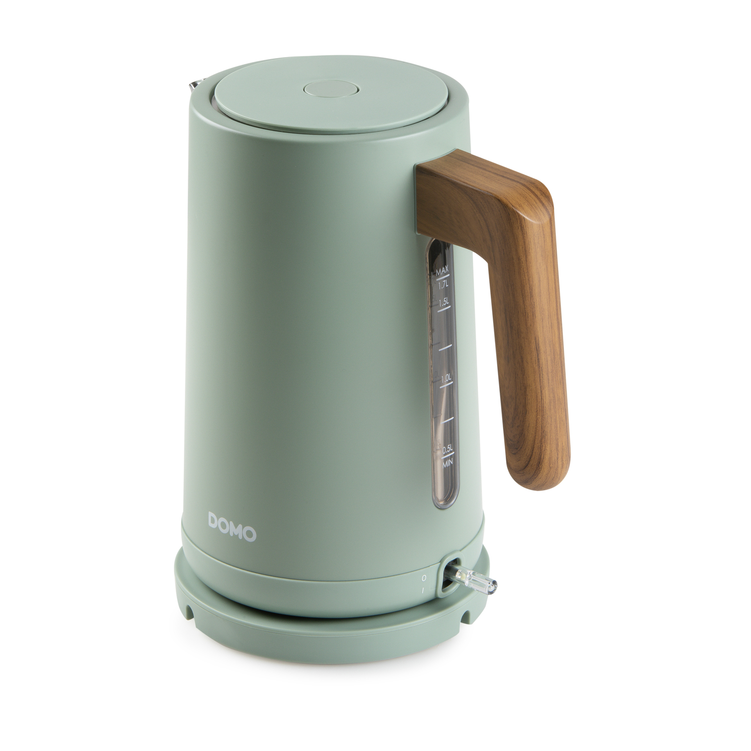 Een groene elektrische waterkoker met een houten handvat.
